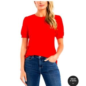 CeCe Women's Short Puff Sleeve Mixed Media Knit Top XL